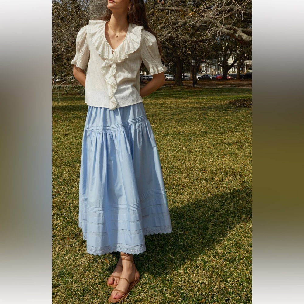 O.P.T Anthro Beth Cotton Poplin Light Blue Maxi Skirt Lace Trim Pleats size 8